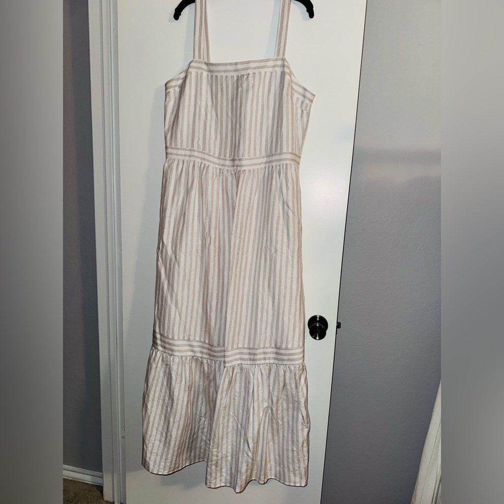 NWT LOFT White and Tan Striped Maxi Dress with Silver accents.